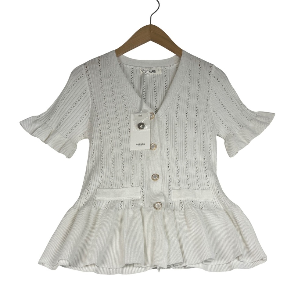 Grace Karin White Short Sleeve Peplum Cardigan Pointelle Pearl Button Top Small